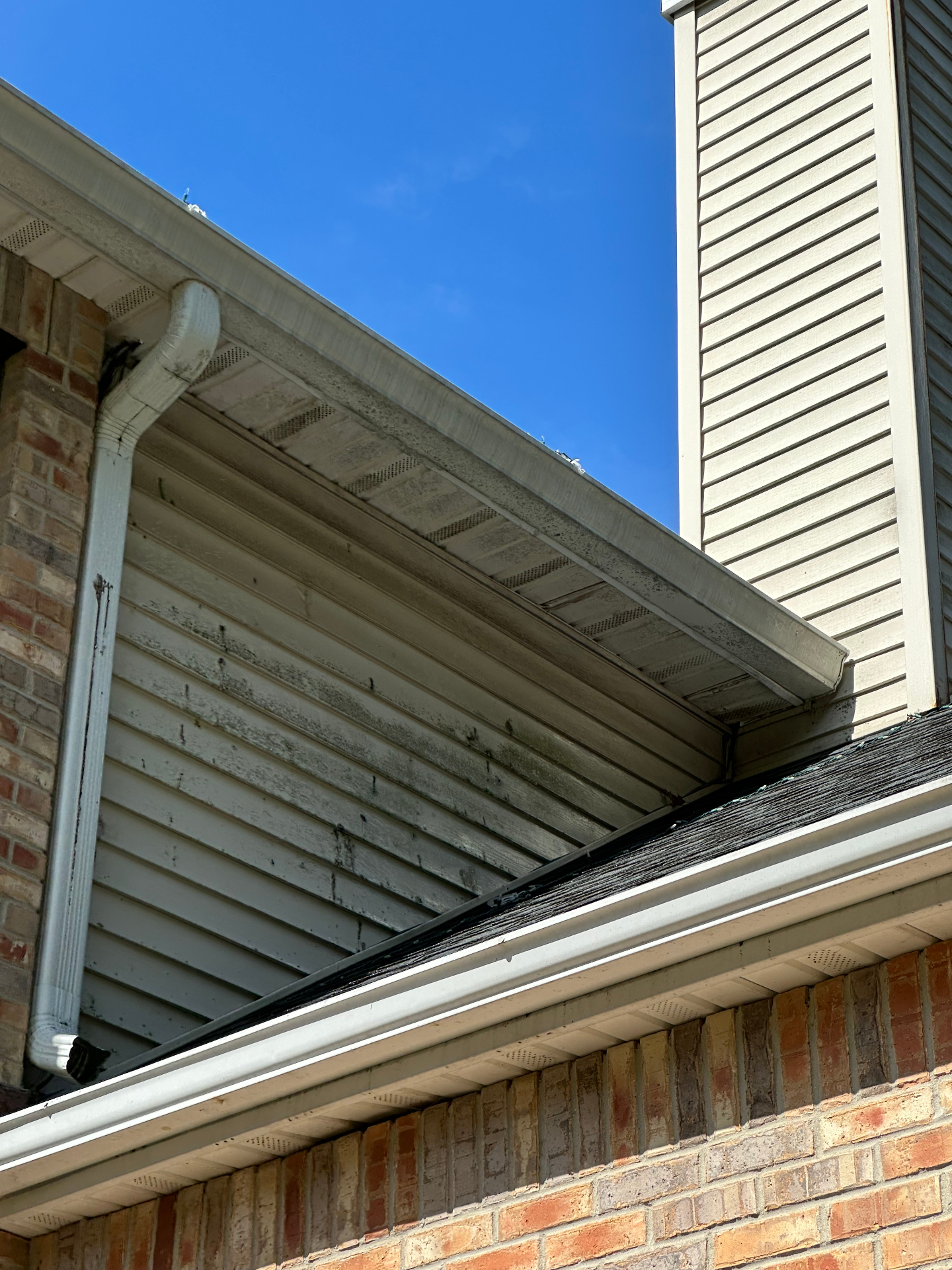 Dirty siding and gutters before pressure washing